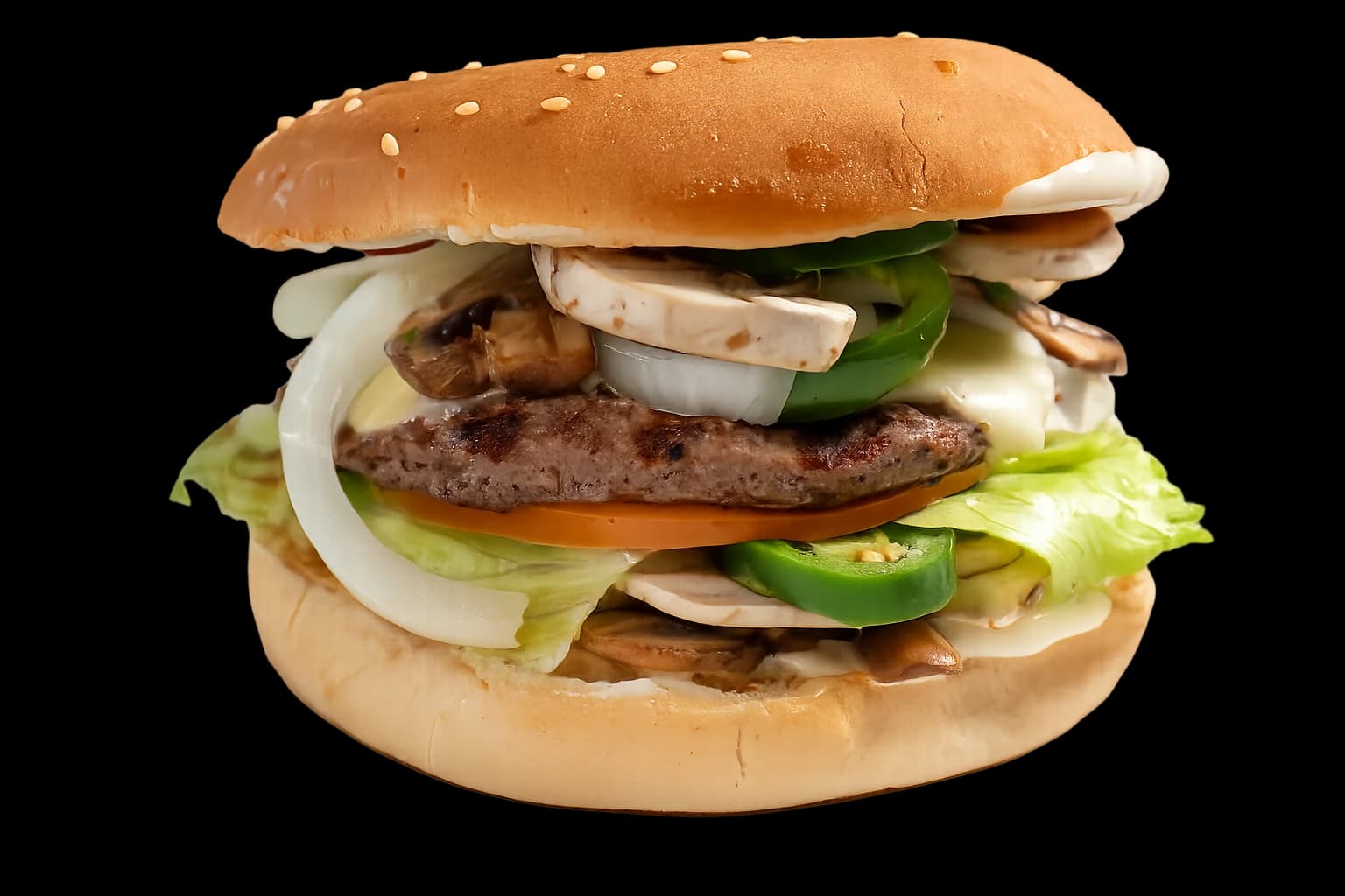 Fremont Burger with mushrooms, jalapeno and grilled onions